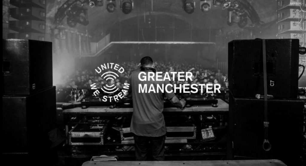 Image of a DJ with a crowd in front of him and the words 'United We Stream', Greater Manchester written across it.